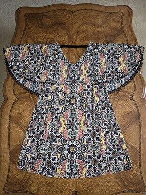 Uncle Frank Boho Mosiac Print V-Neck Kaftan Dress Womens Size M Pom-pom Fringe